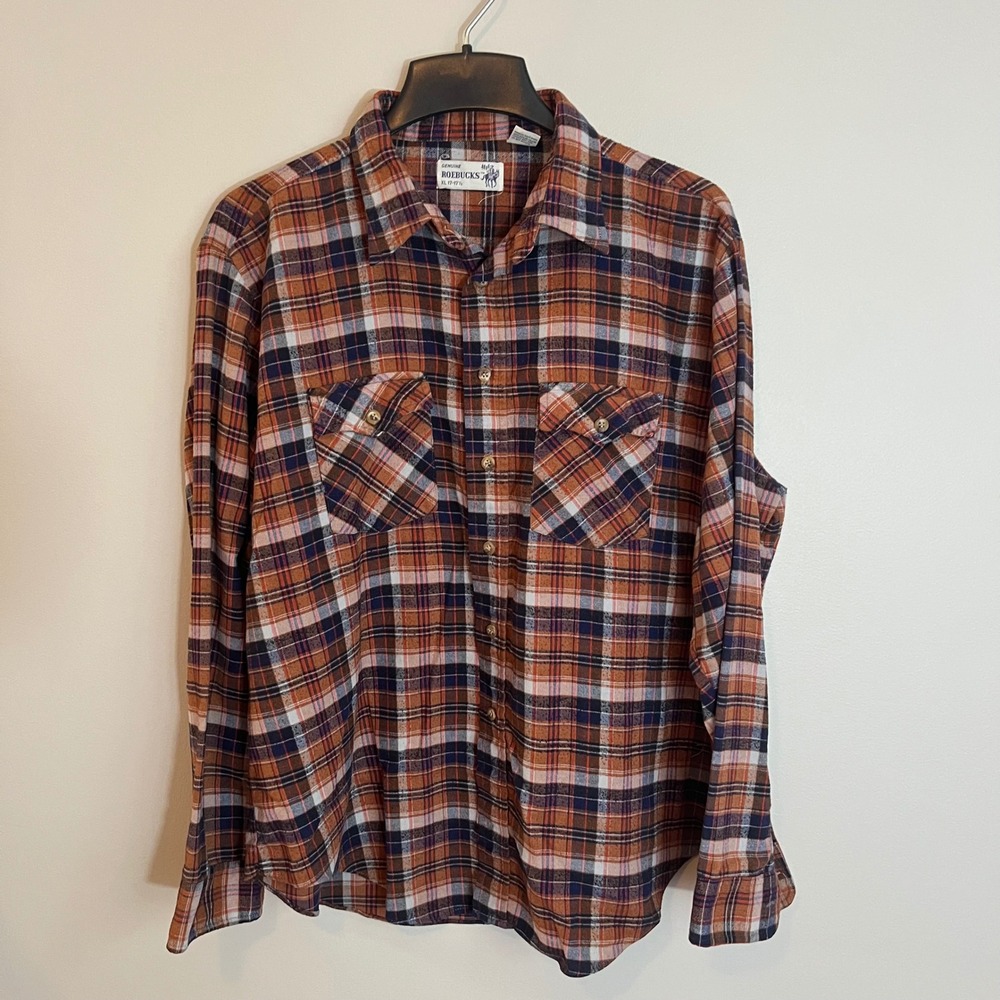 Vintage Roebucks Mens XL Orange Navy Blue Plaid Flannel Shirt Perma-Prest L